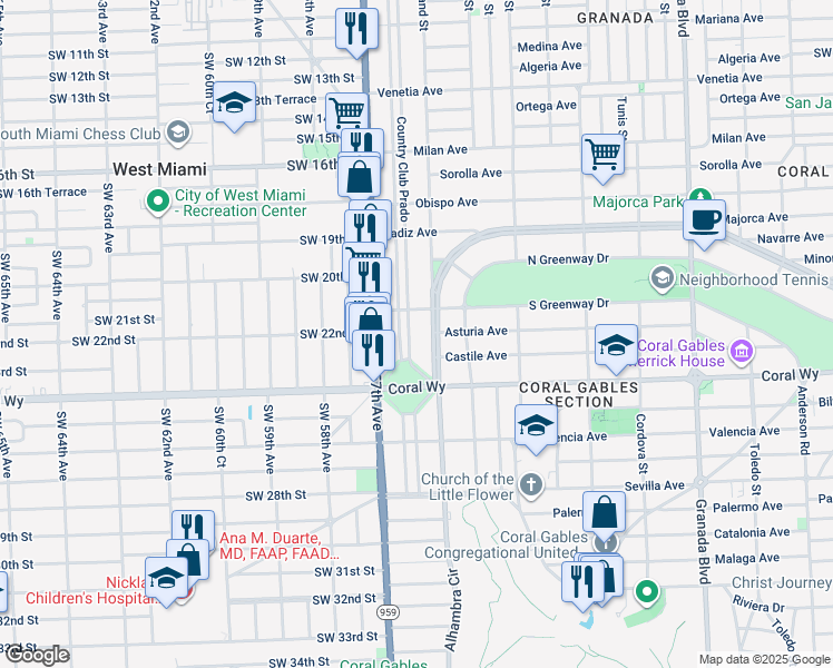 map of restaurants, bars, coffee shops, grocery stores, and more near 2121 Country Club Prado in Coral Gables