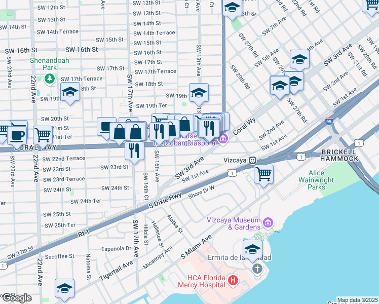 map of restaurants, bars, coffee shops, grocery stores, and more near 1331 Southwest 22nd Terrace in Miami