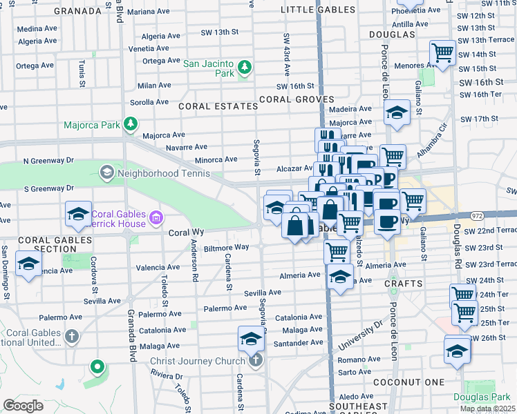 map of restaurants, bars, coffee shops, grocery stores, and more near 3710 Segovia Circle in Coral Gables