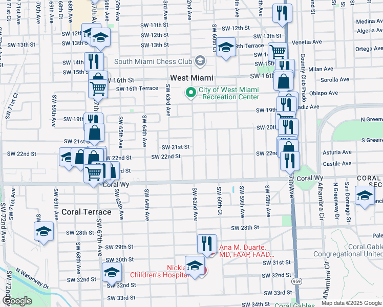 map of restaurants, bars, coffee shops, grocery stores, and more near 6159 Southwest 22nd Street in Miami