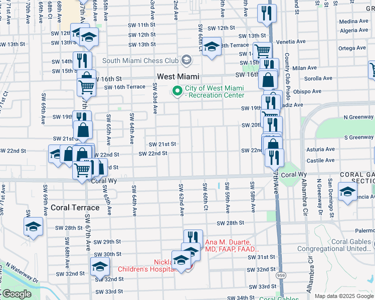 map of restaurants, bars, coffee shops, grocery stores, and more near 6159 Southwest 22nd Street in Miami