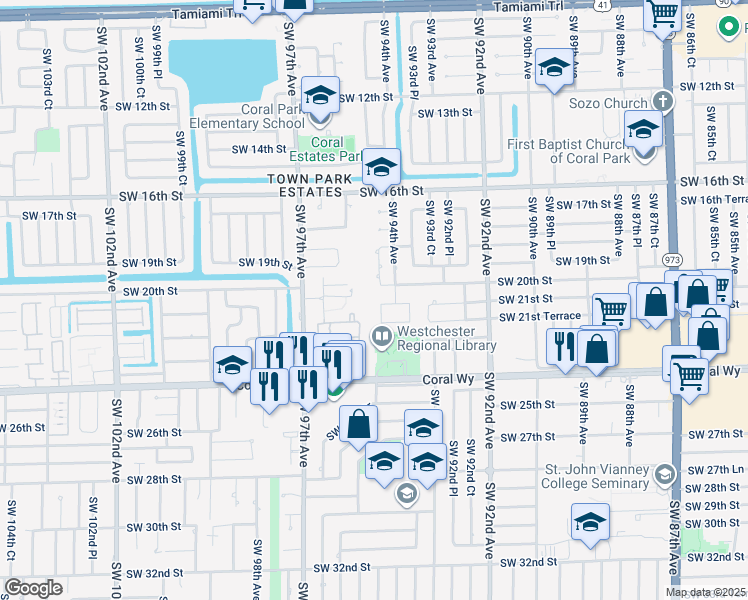 map of restaurants, bars, coffee shops, grocery stores, and more near 9441 Southwest 21st Street in Miami