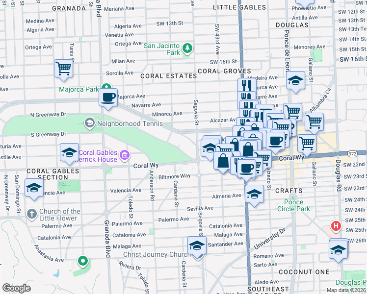 map of restaurants, bars, coffee shops, grocery stores, and more near 635 North Greenway Drive in Coral Gables
