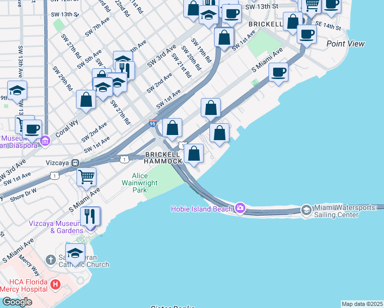map of restaurants, bars, coffee shops, grocery stores, and more near 2475 Brickell Avenue in Miami