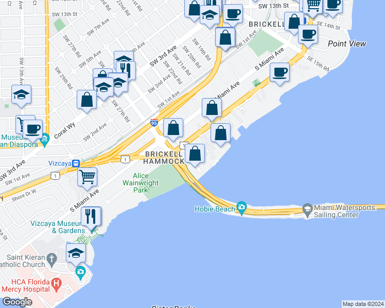 map of restaurants, bars, coffee shops, grocery stores, and more near 2475 Brickell Avenue in Miami