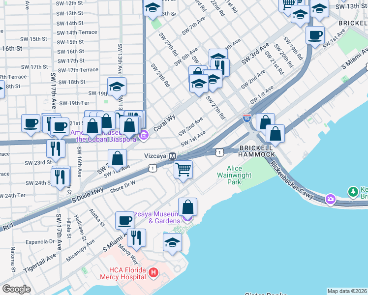 map of restaurants, bars, coffee shops, grocery stores, and more near 3055 Southwest 1st Avenue in Miami