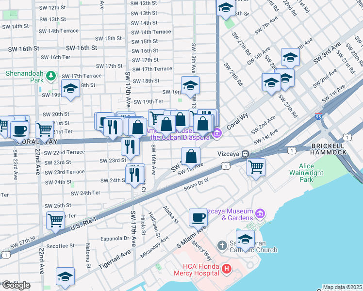 map of restaurants, bars, coffee shops, grocery stores, and more near 1331 Southwest 22nd Terrace in Miami