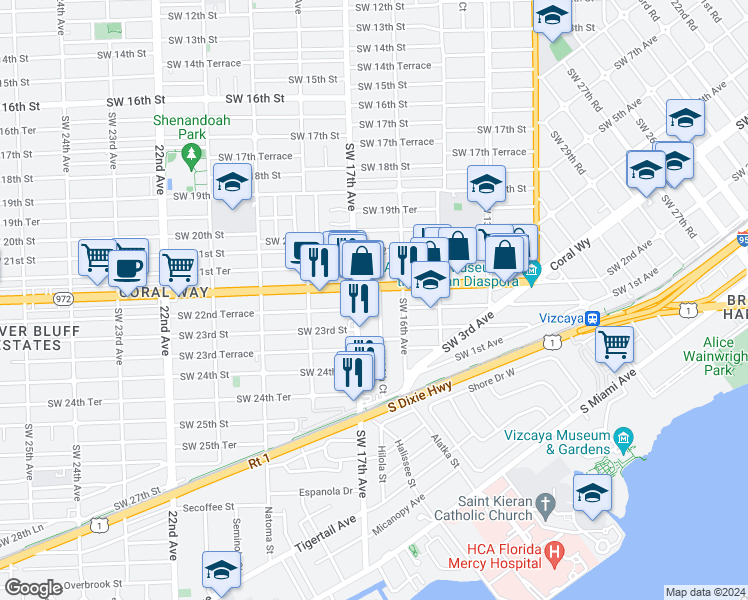 map of restaurants, bars, coffee shops, grocery stores, and more near 2221 Southwest 17th Avenue in Miami