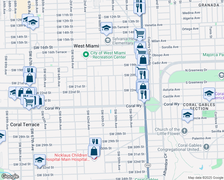 map of restaurants, bars, coffee shops, grocery stores, and more near 5929 Southwest 22nd Street in Miami