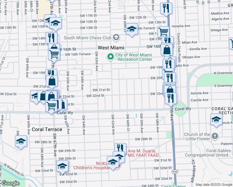 map of restaurants, bars, coffee shops, grocery stores, and more near 6159 Southwest 22nd Street in Miami