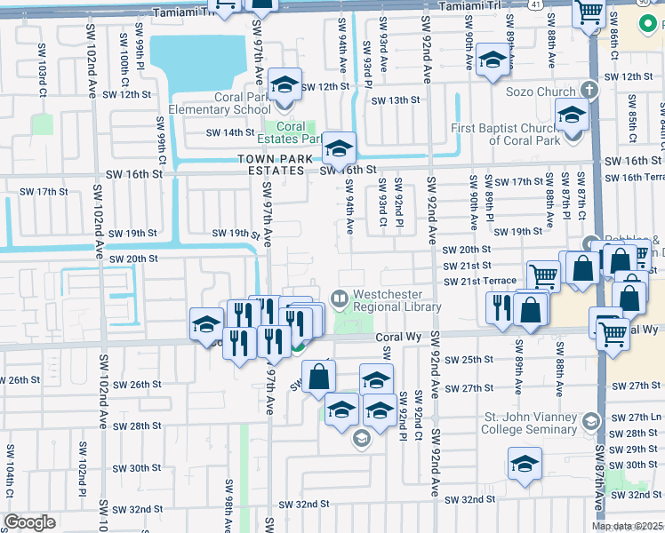 map of restaurants, bars, coffee shops, grocery stores, and more near 9441 Southwest 21st Street in Miami