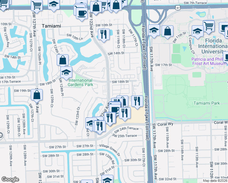 map of restaurants, bars, coffee shops, grocery stores, and more near 269 Southwest 122nd Avenue in Miami