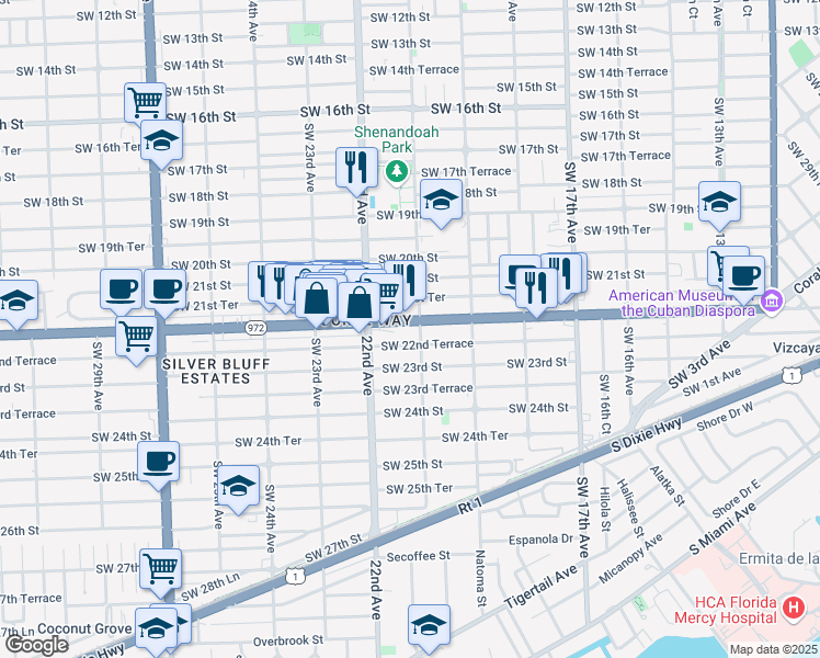 map of restaurants, bars, coffee shops, grocery stores, and more near 2135 Coral Way in Miami