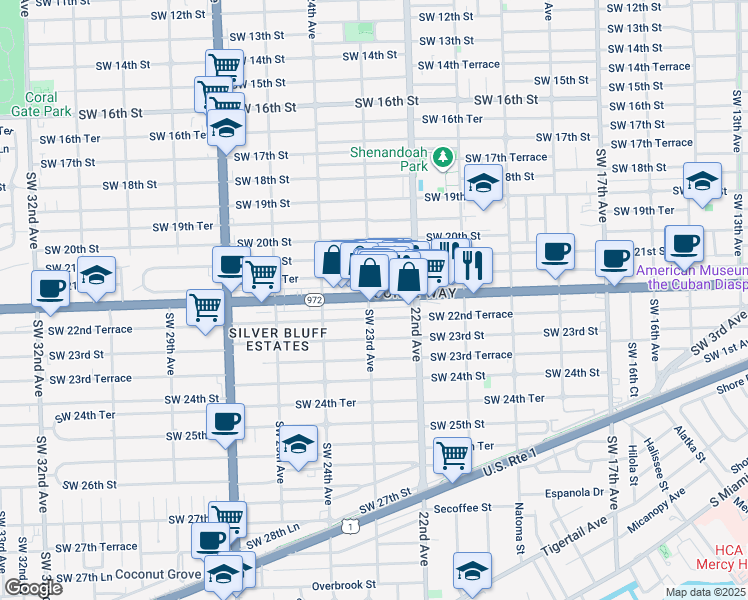 map of restaurants, bars, coffee shops, grocery stores, and more near 2296 Coral Way in Miami