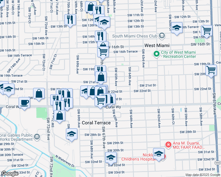 map of restaurants, bars, coffee shops, grocery stores, and more near 2133 Southwest 66th Avenue in Miami