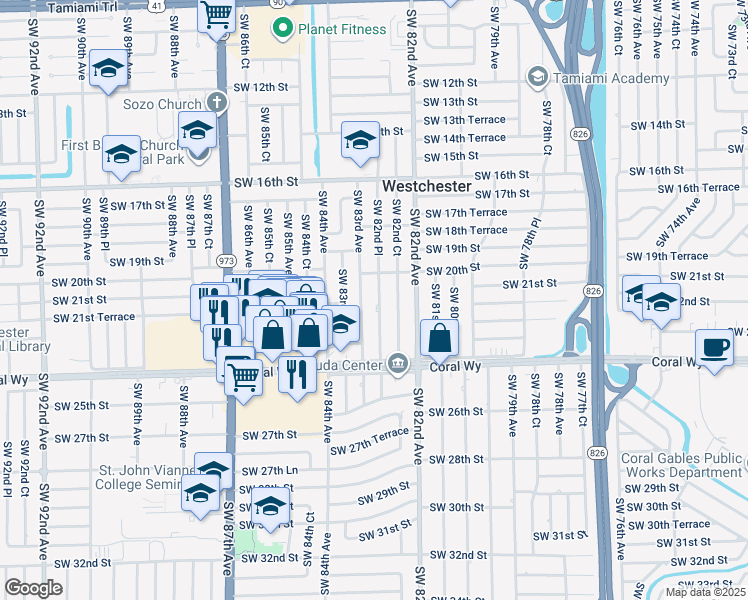 map of restaurants, bars, coffee shops, grocery stores, and more near 2100 Southwest 82nd Place in Miami