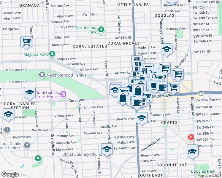 map of restaurants, bars, coffee shops, grocery stores, and more near 537 Aragon Avenue in Coral Gables