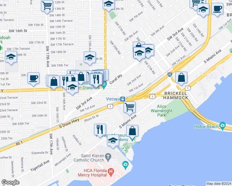 map of restaurants, bars, coffee shops, grocery stores, and more near 1103 Southwest 22nd Terrace in Miami