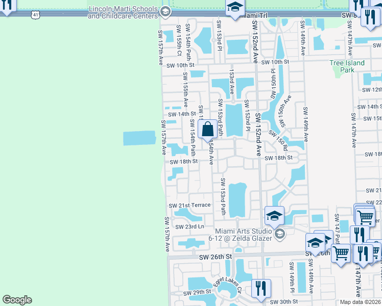 map of restaurants, bars, coffee shops, grocery stores, and more near 1724 Southwest 154th Path in Miami