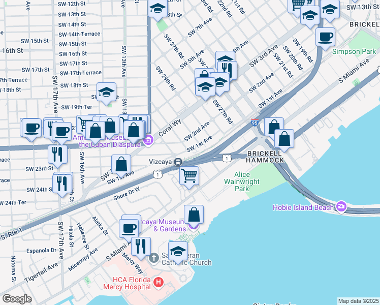 map of restaurants, bars, coffee shops, grocery stores, and more near 3055 Southwest 1st Avenue in Miami