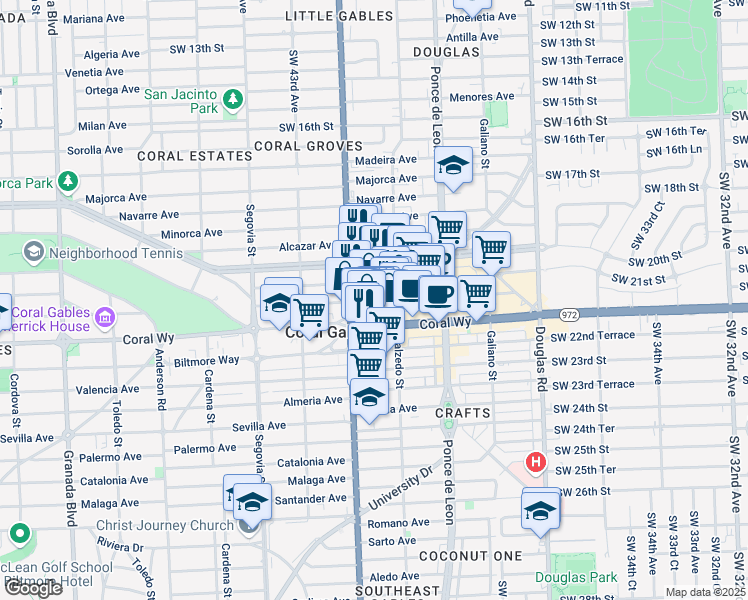 map of restaurants, bars, coffee shops, grocery stores, and more near 353 Aragon Avenue in Coral Gables