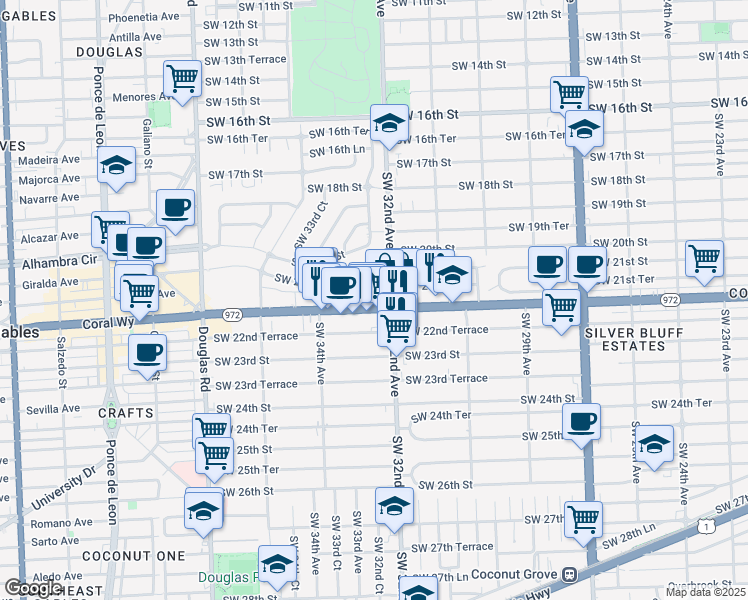 map of restaurants, bars, coffee shops, grocery stores, and more near 3235 SW 22nd Terrace in Miami