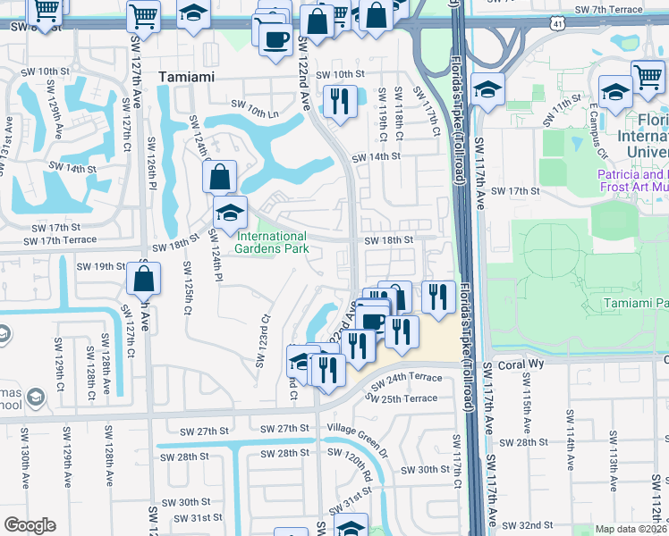 map of restaurants, bars, coffee shops, grocery stores, and more near 1900 Southwest 122nd Avenue in Miami