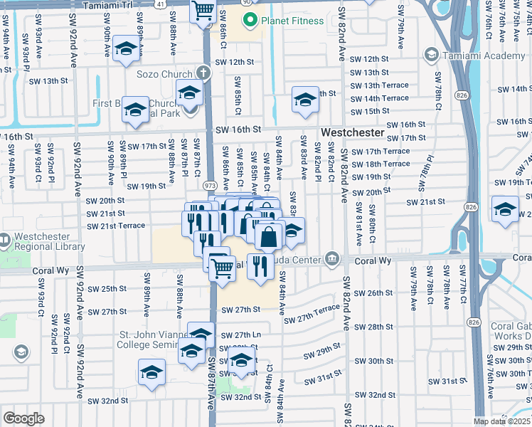 map of restaurants, bars, coffee shops, grocery stores, and more near 8431 Southwest 21st Street in Miami