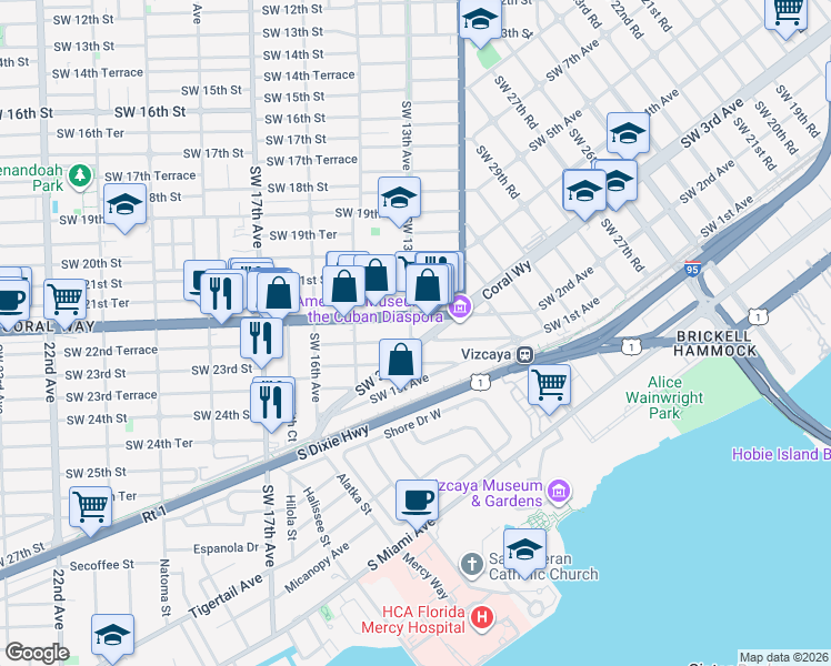 map of restaurants, bars, coffee shops, grocery stores, and more near 3390 Southwest 3rd Avenue in Miami