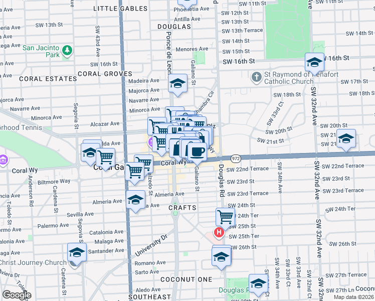 map of restaurants, bars, coffee shops, grocery stores, and more near 126 Aragon Avenue in Coral Gables
