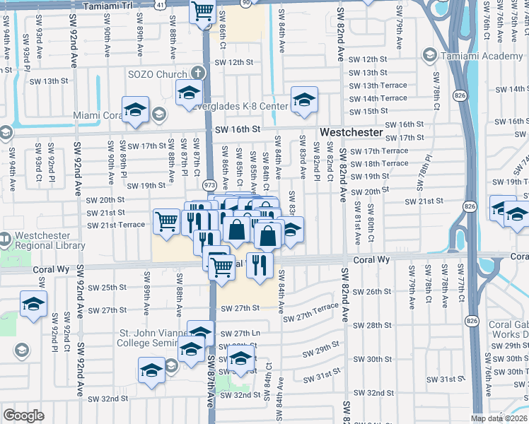 map of restaurants, bars, coffee shops, grocery stores, and more near 8431 Southwest 21st Street in Miami