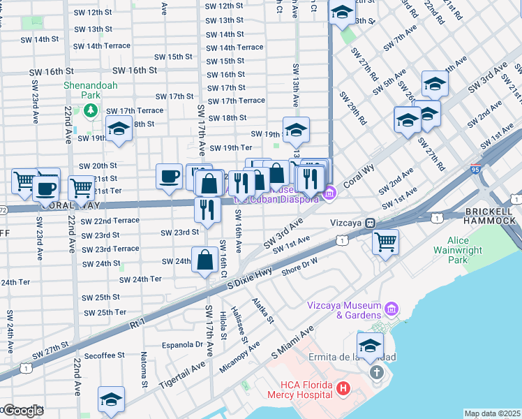 map of restaurants, bars, coffee shops, grocery stores, and more near 2218 Southwest 14th Avenue in Miami
