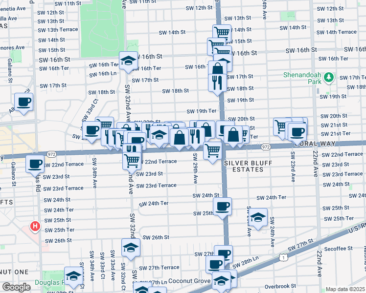 map of restaurants, bars, coffee shops, grocery stores, and more near 3025 Coral Way in Miami