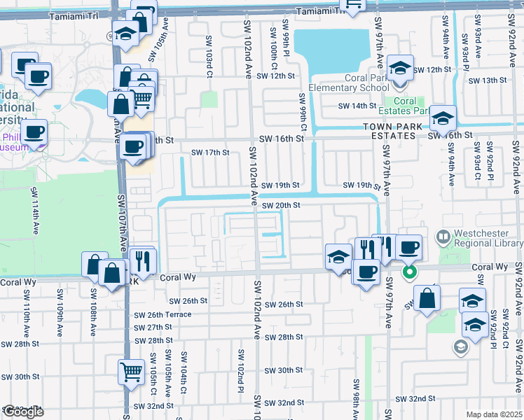 map of restaurants, bars, coffee shops, grocery stores, and more near 10110 Southwest 20th Street in Miami