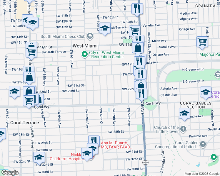 map of restaurants, bars, coffee shops, grocery stores, and more near 5929 Southwest 22nd Street in Miami