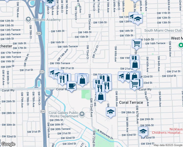 map of restaurants, bars, coffee shops, grocery stores, and more near 7197 Southwest 22nd Street in Miami