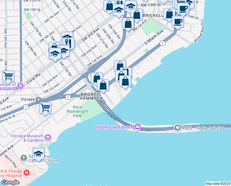 map of restaurants, bars, coffee shops, grocery stores, and more near 2451 Brickell Avenue in Miami