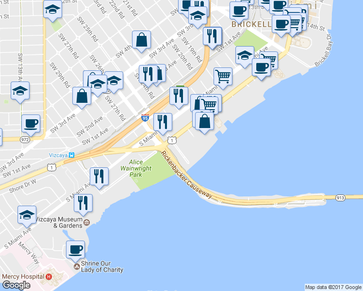 map of restaurants, bars, coffee shops, grocery stores, and more near 2475 Brickell Avenue in Miami