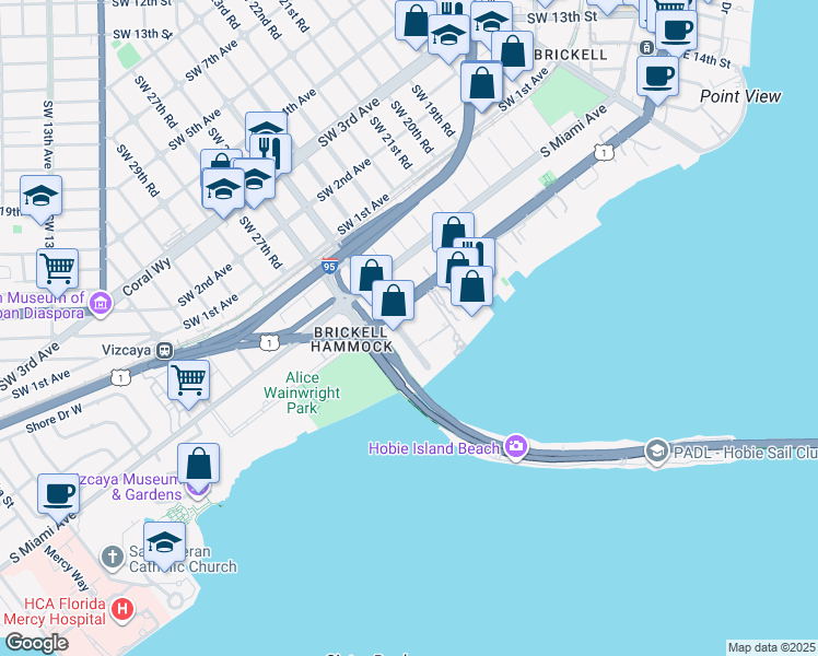 map of restaurants, bars, coffee shops, grocery stores, and more near 2475 Brickell Avenue in Miami
