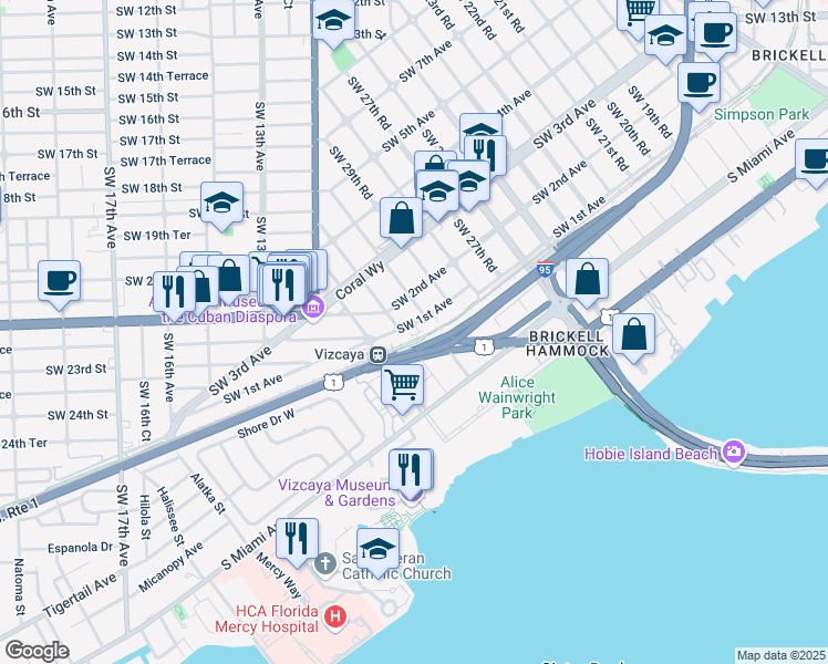 map of restaurants, bars, coffee shops, grocery stores, and more near 3055 Southwest 1st Avenue in Miami