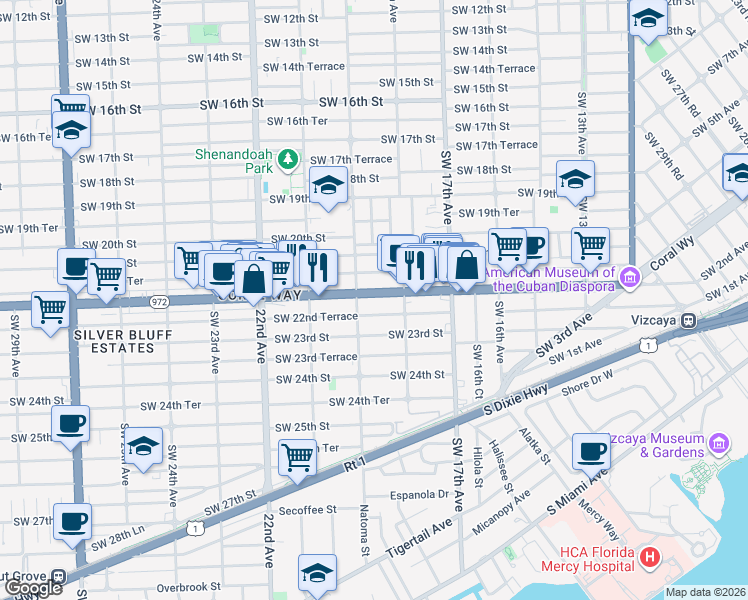 map of restaurants, bars, coffee shops, grocery stores, and more near 1898 Southwest 22nd Terrace in Miami