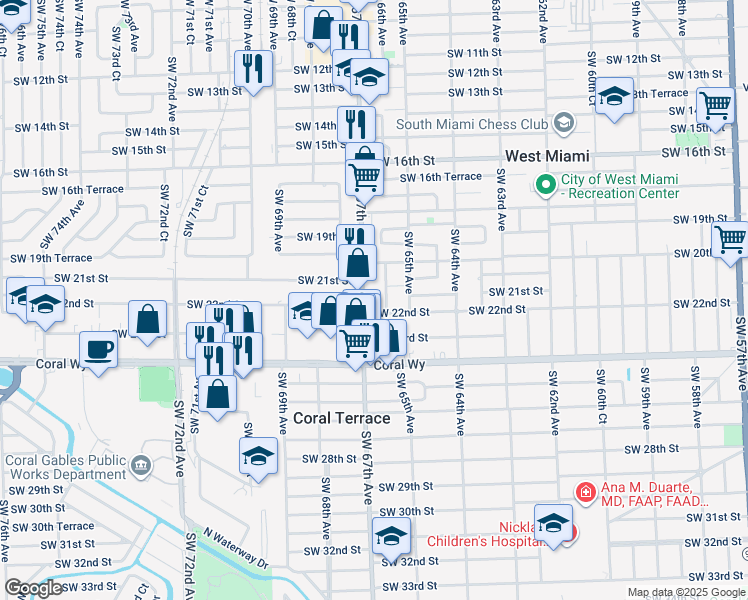 map of restaurants, bars, coffee shops, grocery stores, and more near 2133 Southwest 66th Avenue in Miami