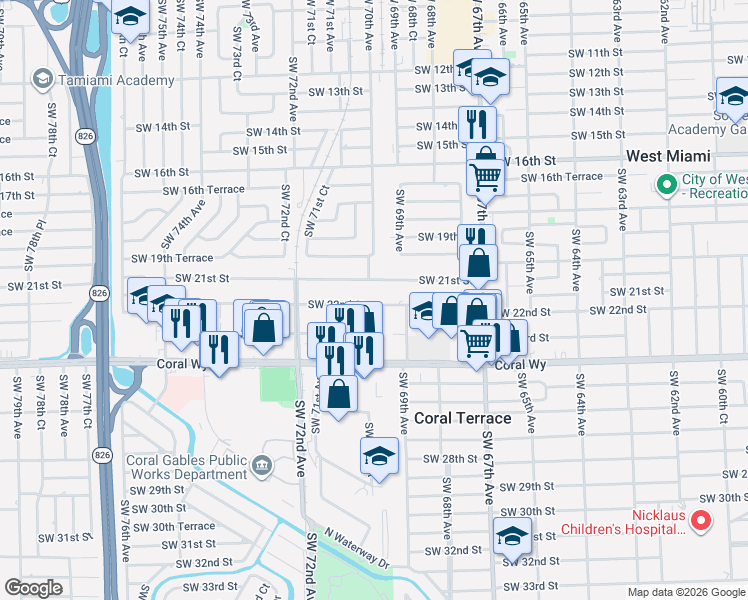 map of restaurants, bars, coffee shops, grocery stores, and more near 7033 Southwest 22nd Street in Miami
