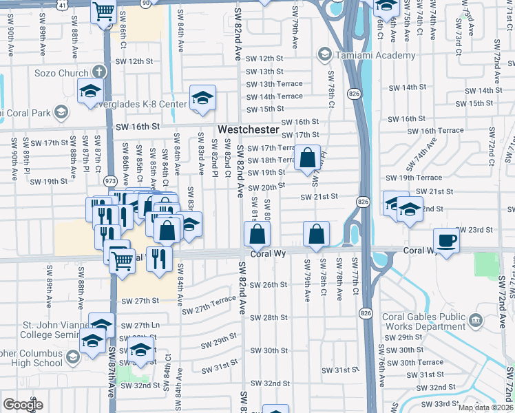 map of restaurants, bars, coffee shops, grocery stores, and more near 2100 Southwest 80th Court in Miami