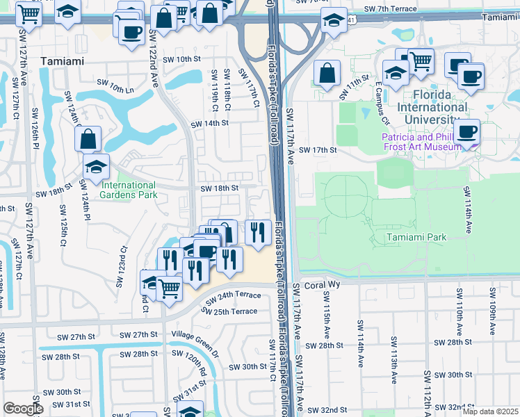 map of restaurants, bars, coffee shops, grocery stores, and more near 11750 Southwest 18th Street in Miami