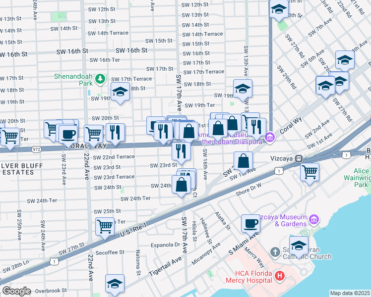 map of restaurants, bars, coffee shops, grocery stores, and more near 2221 Southwest 17th Avenue in Miami