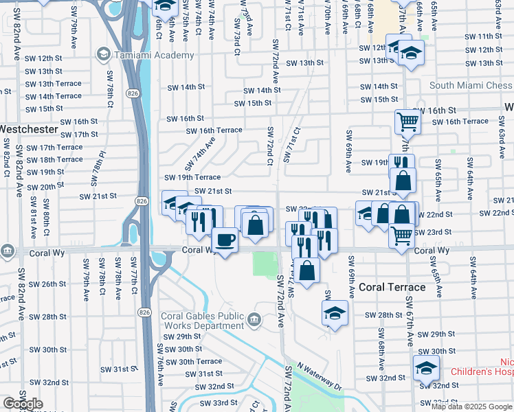 map of restaurants, bars, coffee shops, grocery stores, and more near 7267 Southwest 22nd Street in Miami