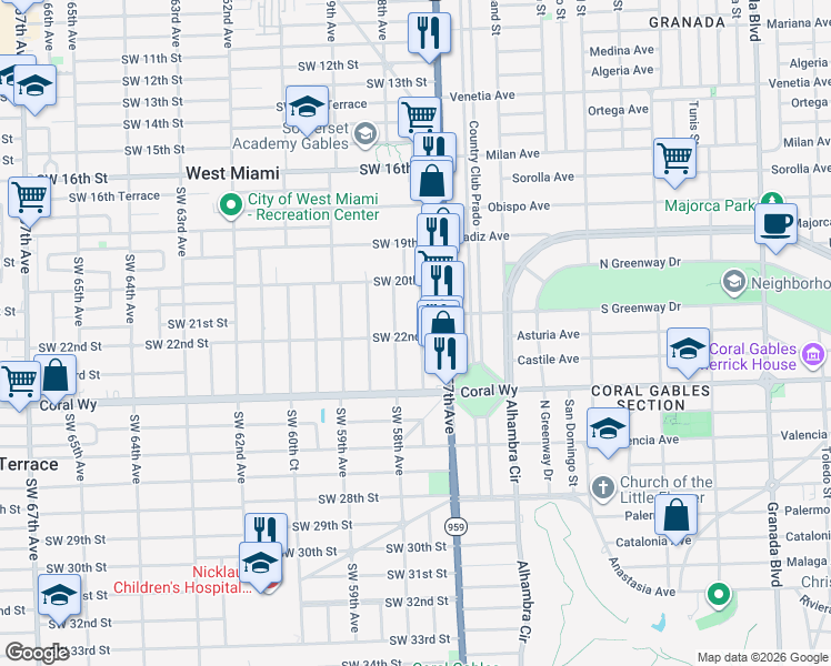 map of restaurants, bars, coffee shops, grocery stores, and more near 5795 Southwest 22nd Street in Miami