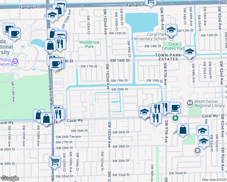map of restaurants, bars, coffee shops, grocery stores, and more near 10110 Southwest 20th Street in Miami