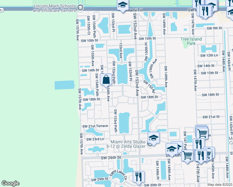 map of restaurants, bars, coffee shops, grocery stores, and more near 15352 Southwest 17th Terrace in Miami